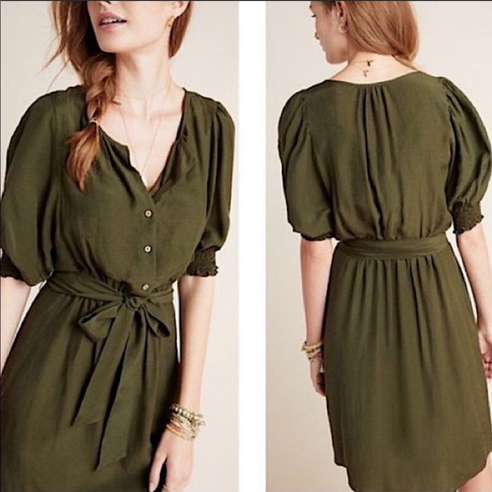 Anthropologie Nicole Puff-Sleeved Shirtdress Moss S